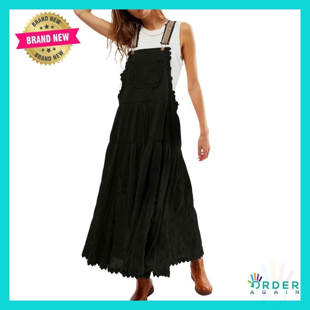 Boho Lace Embroidered Maxi Dress Adjustable Straps Tiered Swing Long with
